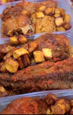 Jollof rice, chicken and fish