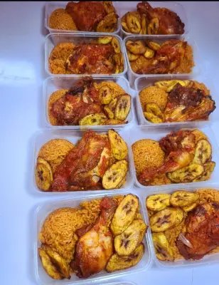 Jollof rice, chicken or fish