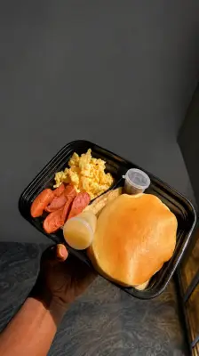 Pancake with Scrambled Eggs and Hotdogs