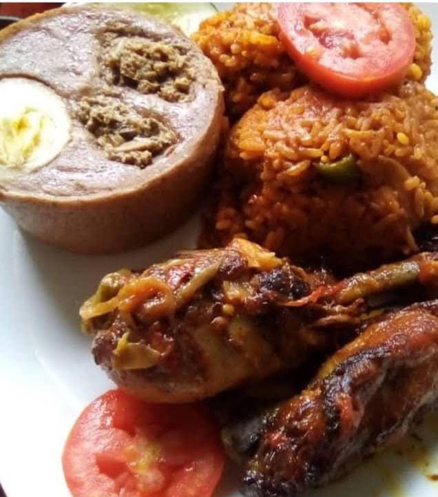 Jollof Rice, Moimoi and Grilled Chicken
